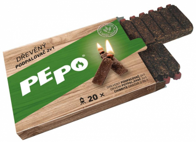 Podpaľovač PE-PO® 2v1, drevný, 20 ks, so zápalkou a škrkátkom, rozpaľovač na gril, kachle, krby, pece