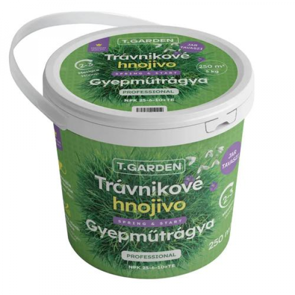 Granulované trávnikové hnojivo T.Garden Spring & Start s pomerom živín 25-6-10 v 5 kg vedre. Vhodné na jarný štart a podporu rastu trávnika.