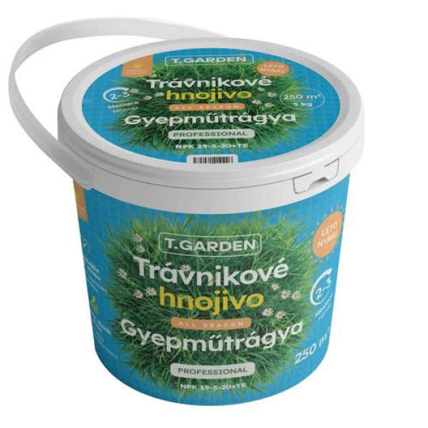 Granulované trávnikové hnojivo T.Garden All Season s pomerom živín 19-5-20 v 5 kg vedre. Vhodné na celoročné hnojenie trávnika.