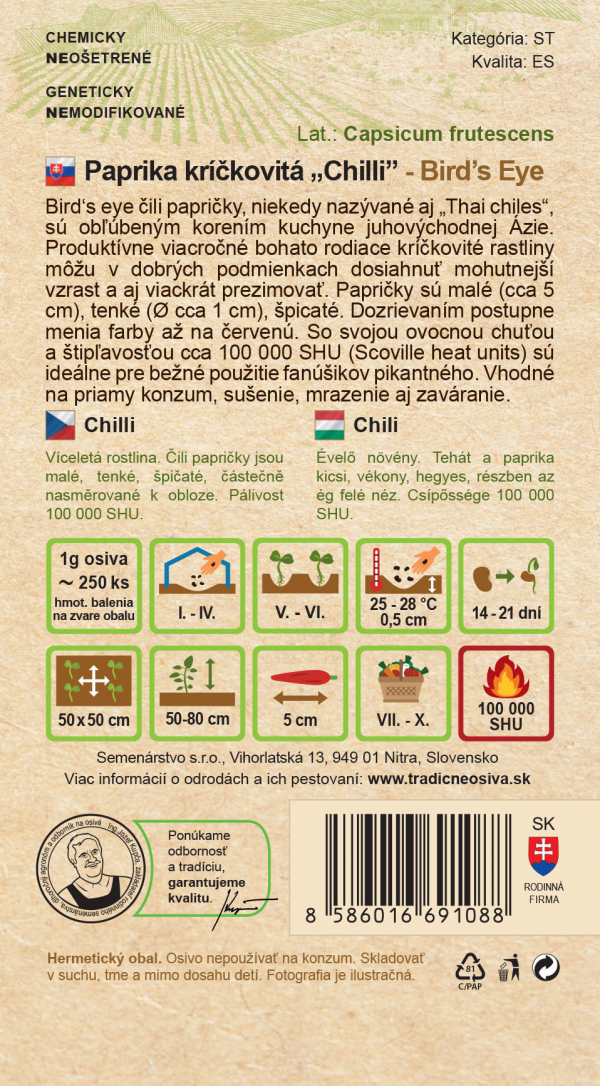 Paprika kríčkovitá Chilli ”Bird’s Eye (vtáčie oči)