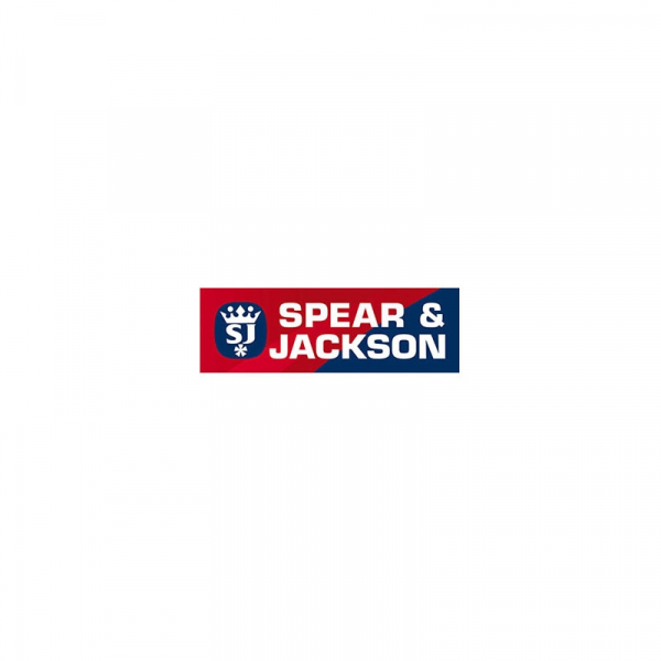 Oficiálne červeno-modré logo výrobcu záhradného náradia Spear & Jackson s korunkou v znaku od stonetrade.