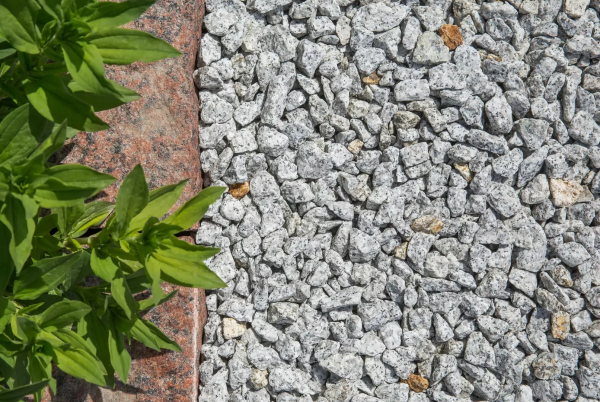 Detail žulovej drte Bianco Nero Z81 od STONE TRADE použitej ako dekoratívny štrk v záhone
