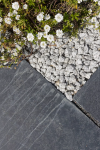 Detail dekoračných okruhliakov Žula Bianco Nero od STONE TRADE v záhradnej výsadbe