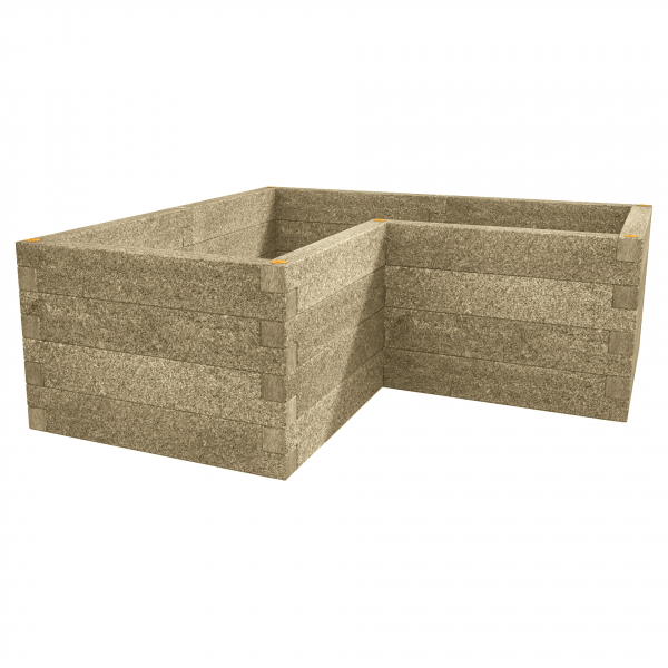 Na obrázku je vysoký záhon Durisol v tvare L v béžovom prevedení. Je určený na pestovanie zeleniny, byliniek alebo okrasných rastlín vo vyvýšenom záhone.