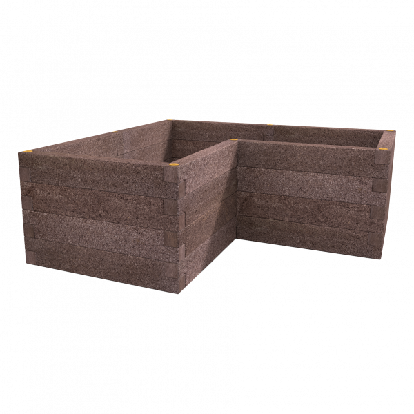 Na obrázku je vysoký záhon Durisol v tvare L v hnedom prevedení. Vhodný je na vytvorenie stabilného vyvýšeného záhona v exteriéri.