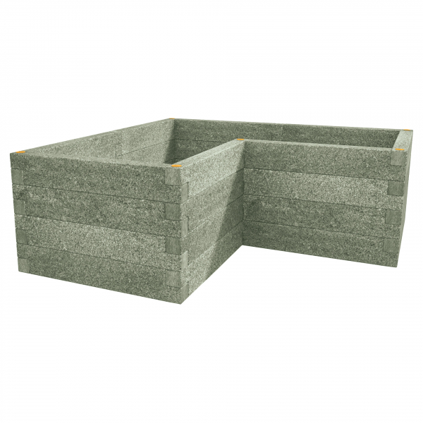 Na obrázku je vysoký záhon Durisol v tvare L v zelenom prevedení. Používa sa ako vyvýšený pestovateľský modul do záhrady s rohovým usporiadaním.