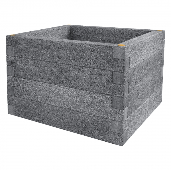 Na obrázku je vysoký záhon Durisol v tvare štvorca K v sivom prevedení. Modul je vhodný na vytvorenie vyvýšeného záhona pre pestovanie v záhrade.